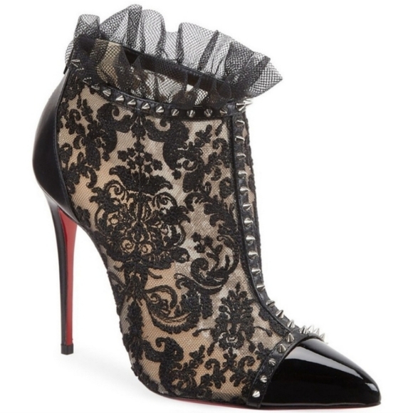 Christian Louboutin Pigalla 100 Lace Tulle Spiked Studded Boot 37.5 - Picture 2 of 13